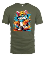 Cool Street Cat In Hoodie Funny Urban Style T-Shirt - military green t-shirt on white background