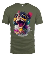 Crazy Screaming Monster Funny Cartoon Art T-Shirt - military green t-shirt on white background