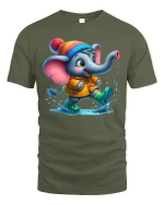 Cute Baby Elephant Splashing Rain Fun T-Shirt - military green t-shirt on white background
