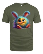 Cute Fluffy Bunny Rainbow Fur Funny Cartoon T-Shirt - military green t-shirt on white background