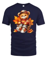 Cute Autumn Teddy Bear Cozy Fall Leaves T-Shirt - navy t-shirt on white background