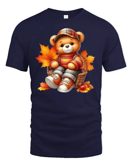 Cute Autumn Teddy Bear Cozy Fall Leaves T-Shirt - navy t-shirt on white background