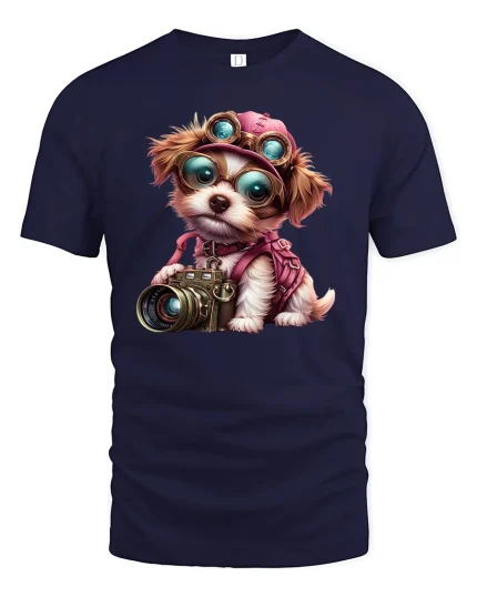 Cute Photographer Dog Funny Camera Lover T-Shirt - navy t-shirt on white background