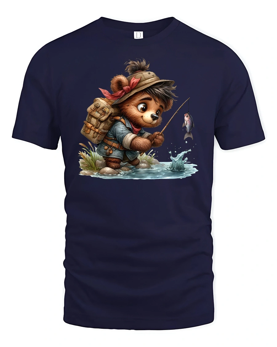 Cute Fisher Bear Catching Fish Funny Outdoor T-Shirt - 1 Cute Fisher Bear Catching Fish Funny Outdoor T-Shirt - navy t-shirt on white background