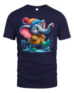Cute Baby Elephant Splashing Rain Fun T-Shirt - navy t-shirt on white background