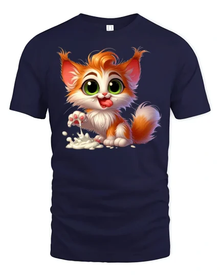 Cute Kitten Drinking Milk Funny Cartoon T-Shirt - navy t-shirt on white background