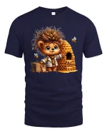 Cute Honey Bear With Beehive Funny Cartoon T-Shirt - navy t-shirt on white background