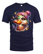 Cute Winter Duck With Hat Funny Cartoon T-Shirt - navy t-shirt on white background
