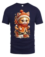 Cute Winter Cat With Scarf Cozy Cartoon T-Shirt - navy t-shirt on white background