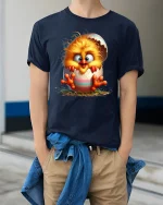 Cute Baby Chick Cracked Egg Funny Easter T-Shirt - model wearing navy tee with hands in pockets