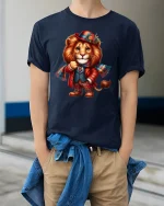 Gentle Lion With Suit Funny Dressed Animal T-Shirt - model wearing navy tee with hands in pockets