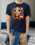 Cute Fall Cheetah With Pumpkin Cozy Autumn T-Shirt - model wearing navy tee with hands in pockets