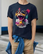 Crazy Screaming Monster Funny Cartoon Art T-Shirt - model wearing navy tee with hands in pockets