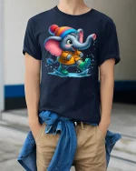 Cute Baby Elephant Splashing Rain Fun T-Shirt - model wearing navy tee with hands in pockets