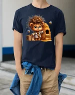 Cute Honey Bear With Beehive Funny Cartoon T-Shirt - model wearing navy tee with hands in pockets