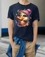 Cute Winter Duck With Hat Funny Cartoon T-Shirt - model wearing navy tee with hands in pockets