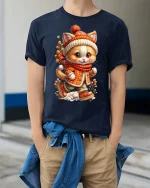 Cute Winter Cat With Scarf Cozy Cartoon T-Shirt - model wearing navy tee with hands in pockets