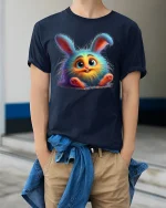 Cute Fluffy Bunny Rainbow Fur Funny Cartoon T-Shirt - model wearing navy tee with hands in pockets