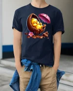 Cute Chick In Chocolate Egg Funny Easter T-Shirt - model wearing navy tee with hands in pockets