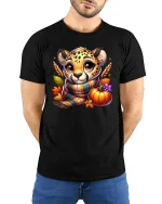 Cute Fall Cheetah With Pumpkin Cozy Autumn T-Shirt - model wearing black tee with hands behind back