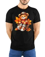 Cute Autumn Teddy Bear Cozy Fall Leaves T-Shirt - model wearing black tee with hands behind back