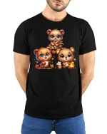 Cute Autumn Bear Family Campfire Cozy Fall T-Shirt - model wearing black tee with hands behind back