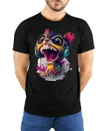 Crazy Screaming Monster Funny Cartoon Art T-Shirt - model wearing black tee with hands behind back