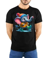 Cute Baby Elephant Splashing Rain Fun T-Shirt - model wearing black tee with hands behind back