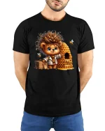 Cute Honey Bear With Beehive Funny Cartoon T-Shirt - model wearing black tee with hands behind back
