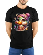 Cute Winter Duck With Hat Funny Cartoon T-Shirt - model wearing black tee with hands behind back