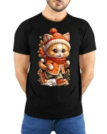 Cute Winter Cat With Scarf Cozy Cartoon T-Shirt - model wearing black tee with hands behind back