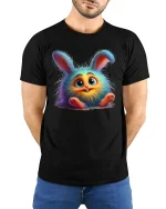 Cute Fluffy Bunny Rainbow Fur Funny Cartoon T-Shirt - model wearing black tee with hands behind back