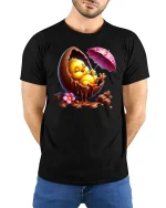 Cute Chick In Chocolate Egg Funny Easter T-Shirt - model wearing black tee with hands behind back