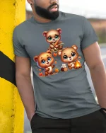 Cute Autumn Bear Family Campfire Cozy Fall T-Shirt - model wearing grey tee, leaning on column