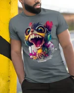 Crazy Screaming Monster Funny Cartoon Art T-Shirt - model wearing grey tee, leaning on column