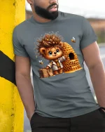 Cute Honey Bear With Beehive Funny Cartoon T-Shirt - model wearing grey tee, leaning on column