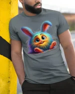Cute Fluffy Bunny Rainbow Fur Funny Cartoon T-Shirt - model wearing grey tee, leaning on column