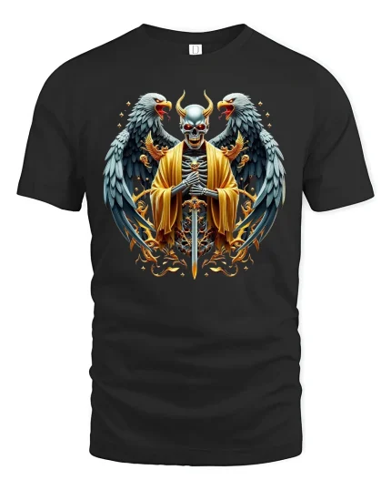 Demon Angel Warrior Skull Sword Gothic T-Shirt - black t-shirt on white background