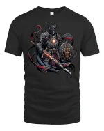 Dark Knight Warrior Sword and Shield Graphic T-Shirt - black t-shirt on white background
