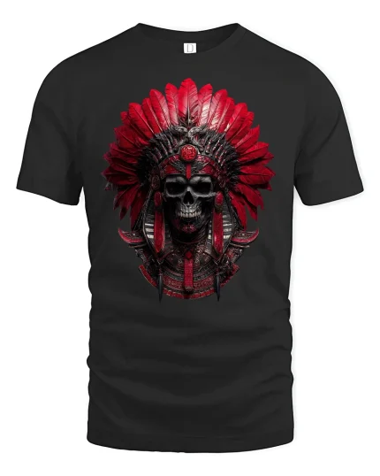 Red Tribal Skull Warrior Headdress Graphic T-Shirt - black t-shirt on white background