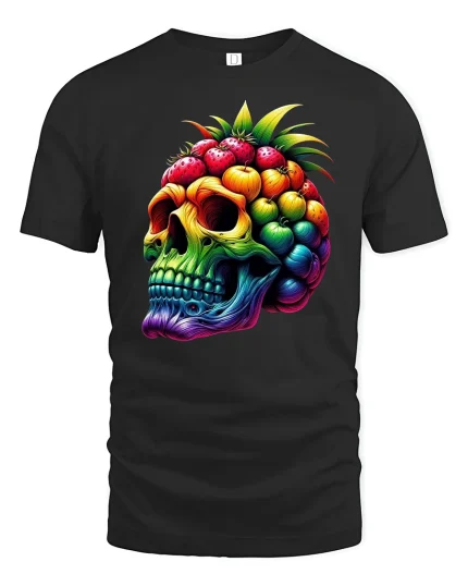 Tropical Fruit Skull Rainbow Vibe Graphic T-Shirt - black t-shirt on white background
