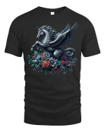 Pegasus Unicorn Floral Fantasy Art Graphic T-Shirt - black t-shirt on white background