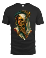 Grim Reaper Woman Half Skull Gothic Art T-Shirt - black t-shirt on white background