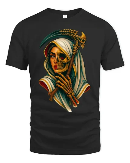 Grim Reaper Woman Half Skull Gothic Art T-Shirt - black t-shirt on white background