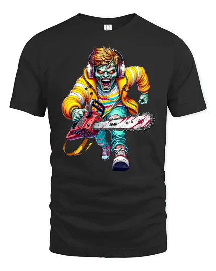 Crazy Chainsaw Zombie Street Style Graphic T-Shirt - black t-shirt on white background