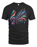 Colorful Music Notes Treble Clef Art Graphic T-Shirt - black t-shirt on white background