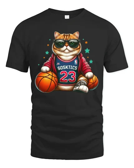 Funny Basketball Cat Player Cool Street Graphic T-Shirt - black t-shirt on white background