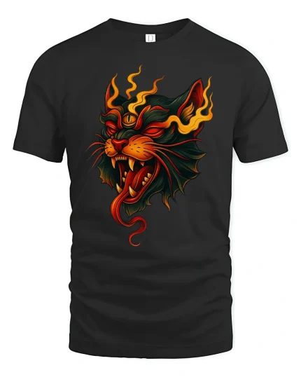 Flaming Demon Cat Fiery Spirit Graphic T-Shirt - black t-shirt on white background