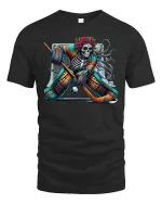 Skeleton Hockey Goalie Day of Dead Graphic T-Shirt - black t-shirt on white background