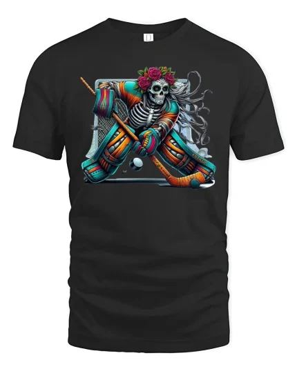 Skeleton Hockey Goalie Day of Dead Graphic T-Shirt - black t-shirt on white background